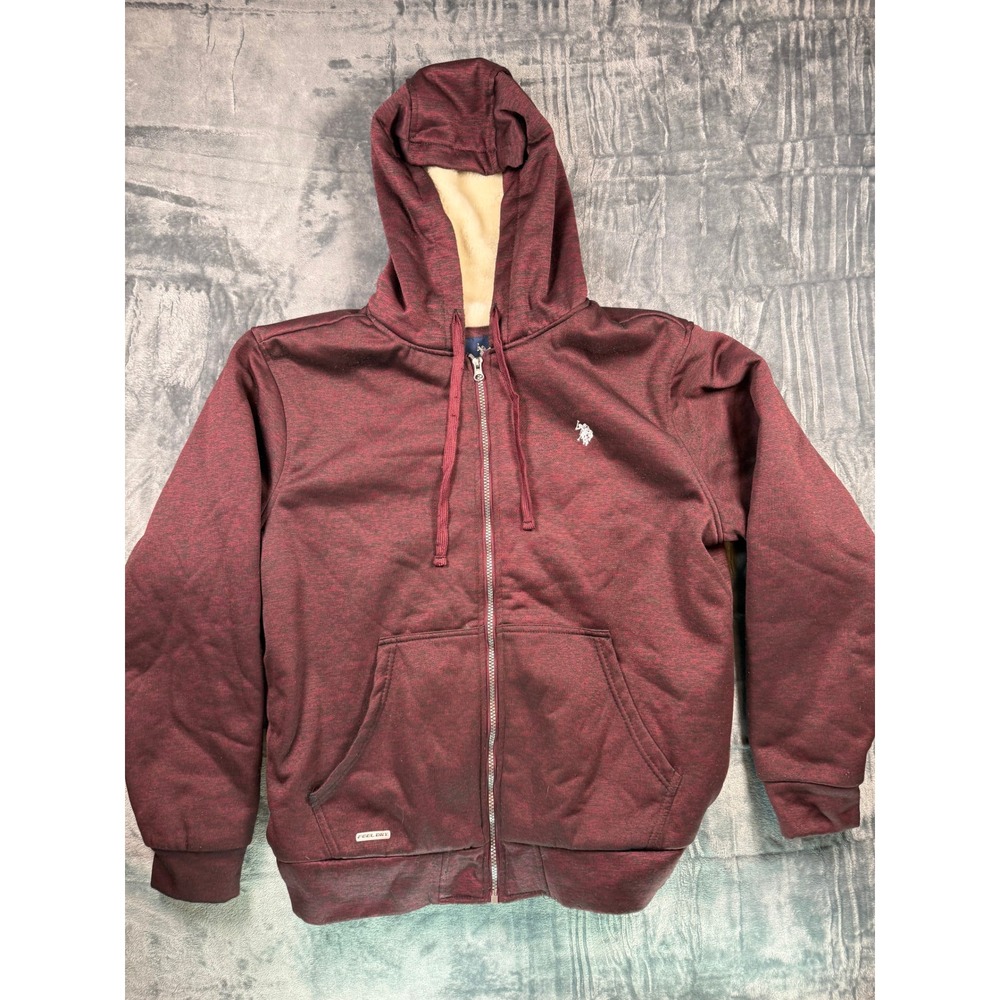 U.S. Polo Assn. Hoodie Mens Medium Burgundy Sherpa Lined Full Zip Marled Jacket